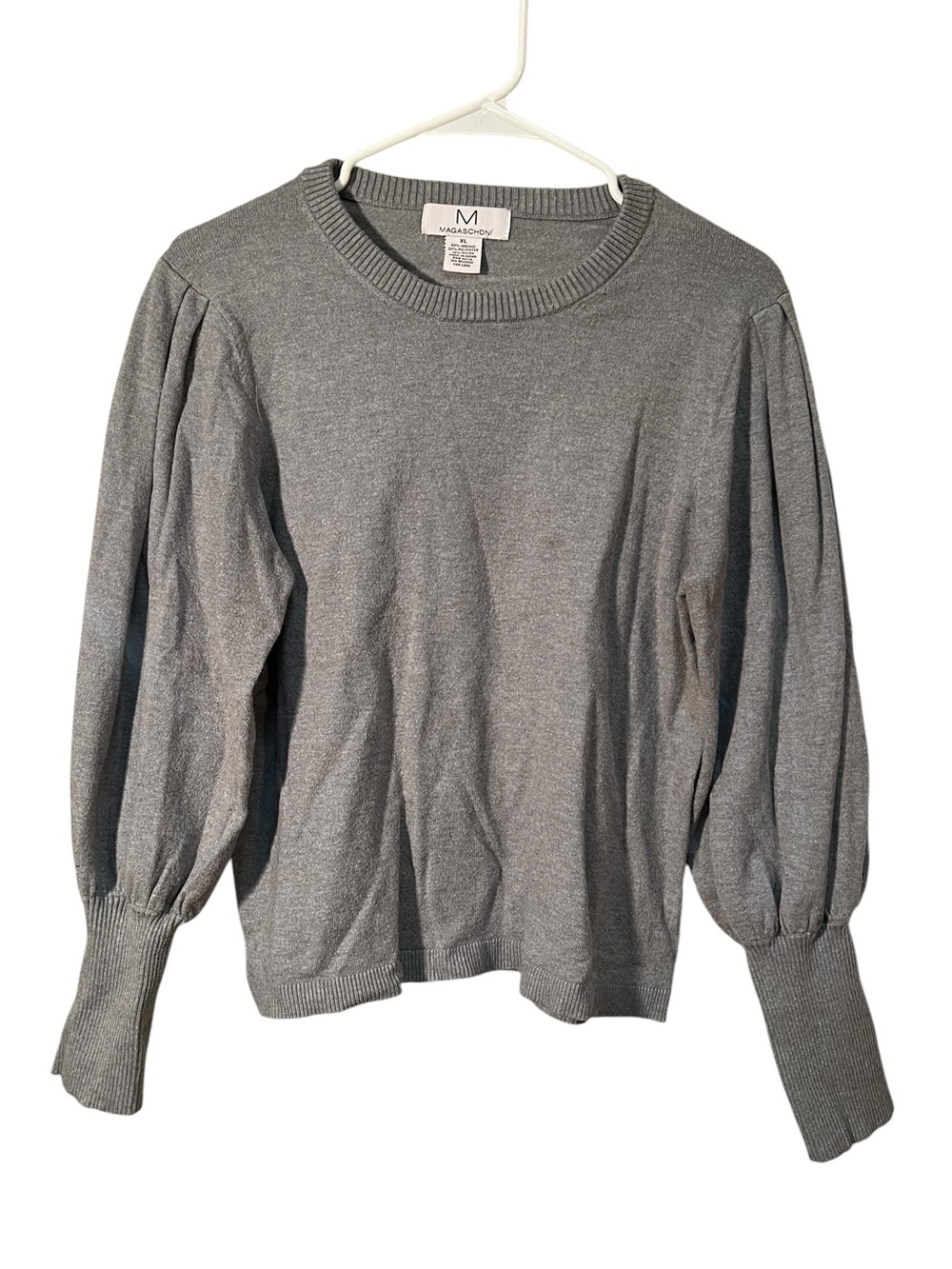 Magaschoni Womens Size XL Crewneck Sweater Light Gray Puff Sleeve Ribbed Viscose